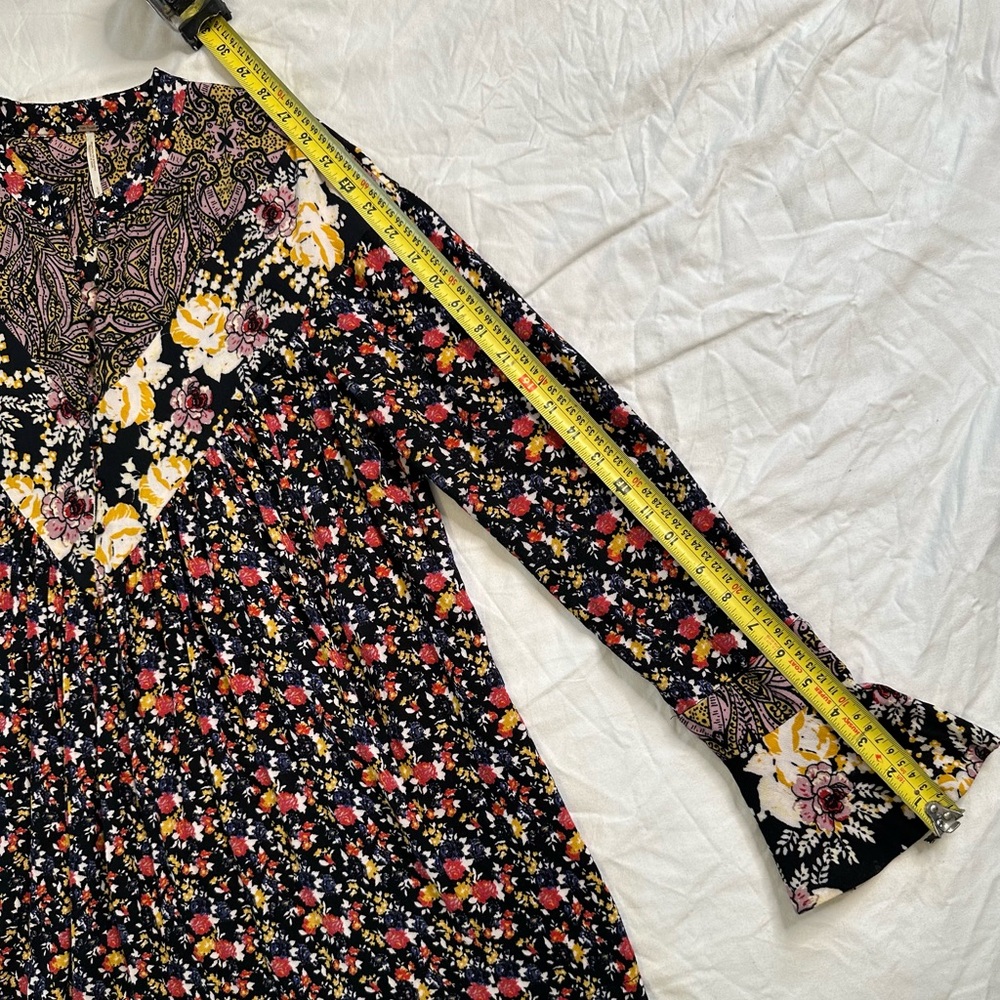 Free People Floral Boho Tunic Dress Black Multicolor Rayon Long Sleeve S/M - Picture 9 of 12